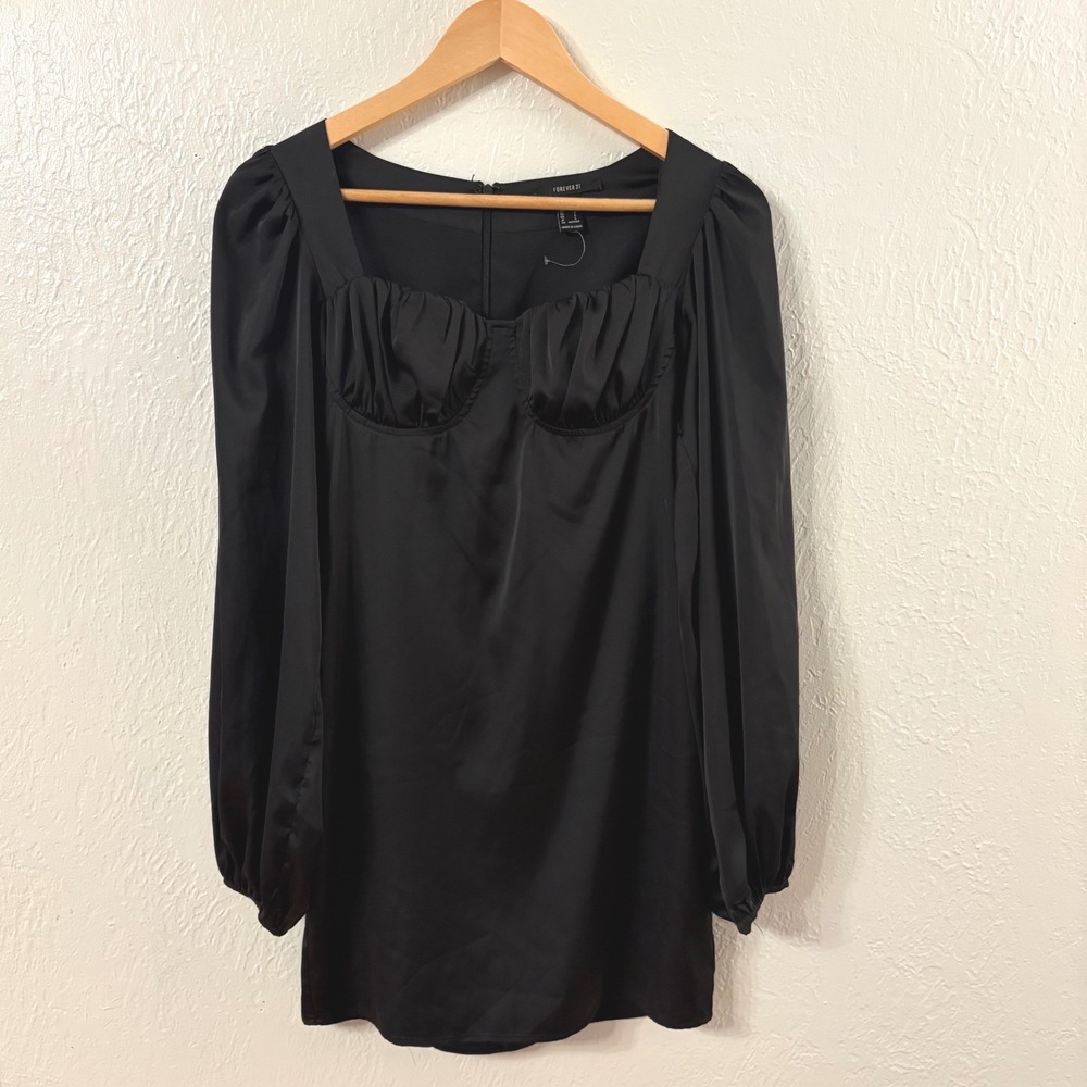 Forever 21, Mini Dress, S, Black, Satin Bustier Puff Sleeve Party, MSRP $35